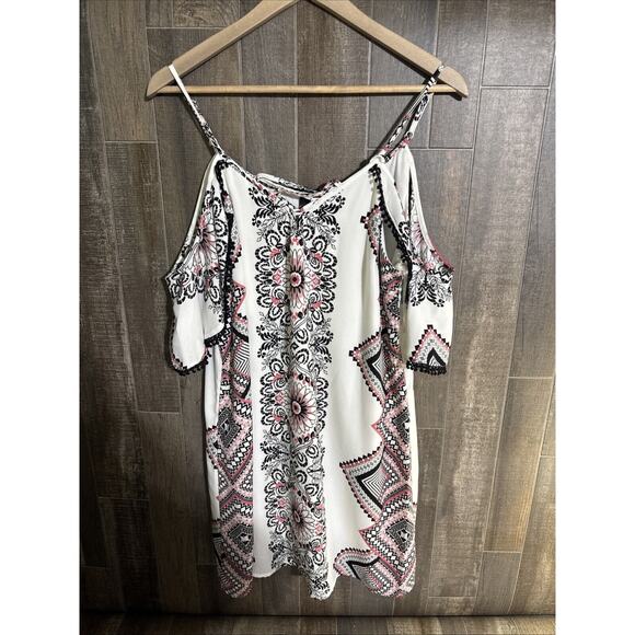 Womens Trixxi Dress Size L Black White Pink Floral Cold‎ Shoulder Straps - Picture 1 of 7